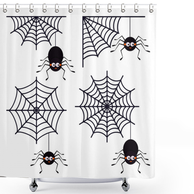 Personality  Set Of Different Cute Smiling Black Spiders Hanging On A String Of Cobwebs With Spederwebs Icon Isolated On White Background. Flat Style Vector Illustration. Animal Character For Halloween Design. Shower Curtains