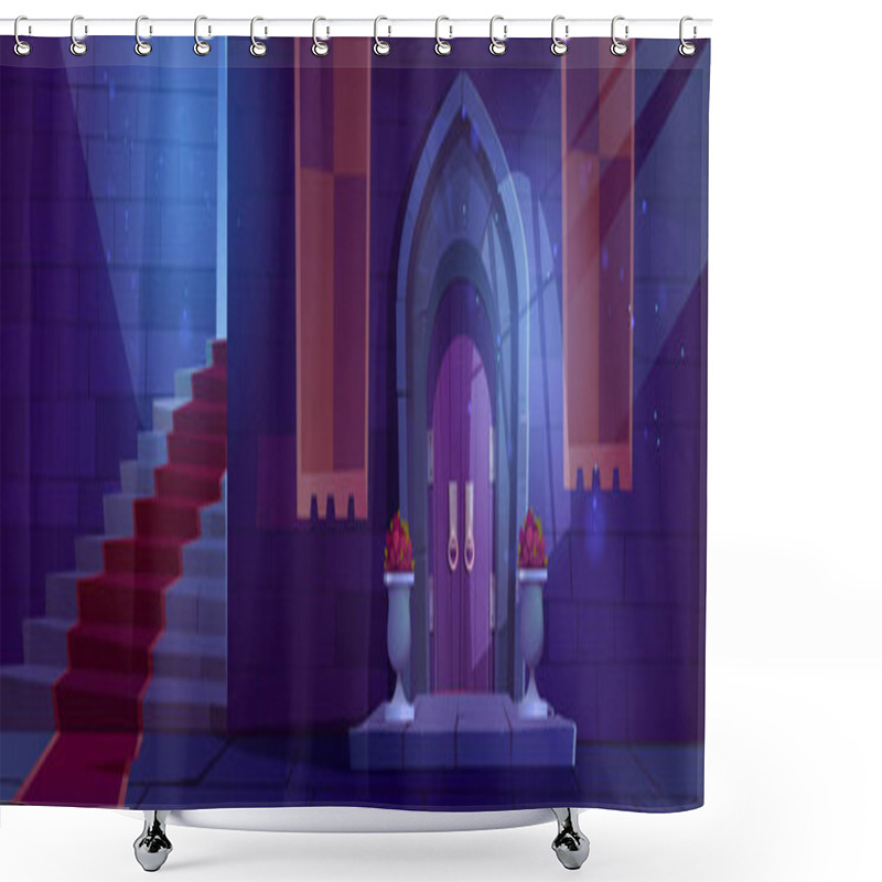 Personality  Medieval Night Castle Interior, Wooden Arched Door Shower Curtains