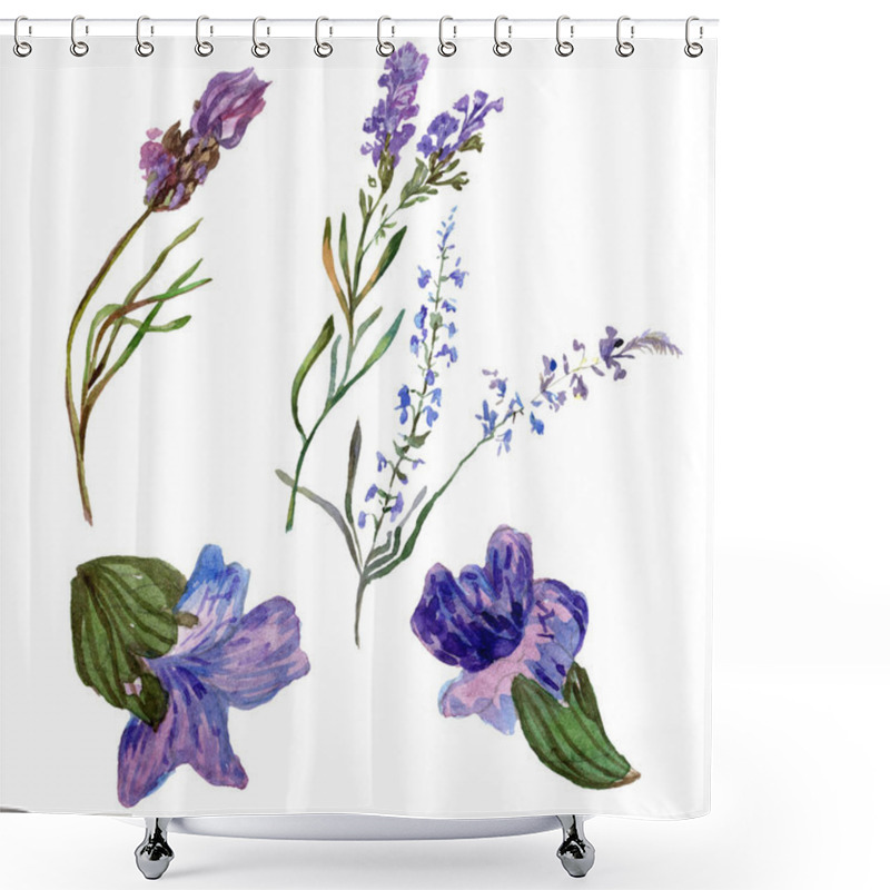 Personality  Purple Lavender Flowers. Wild Spring Wildflowers Isolated On White. Hand Drawn Lavender Flowers In Aquarelle. Watercolor Background Illustration. Shower Curtains