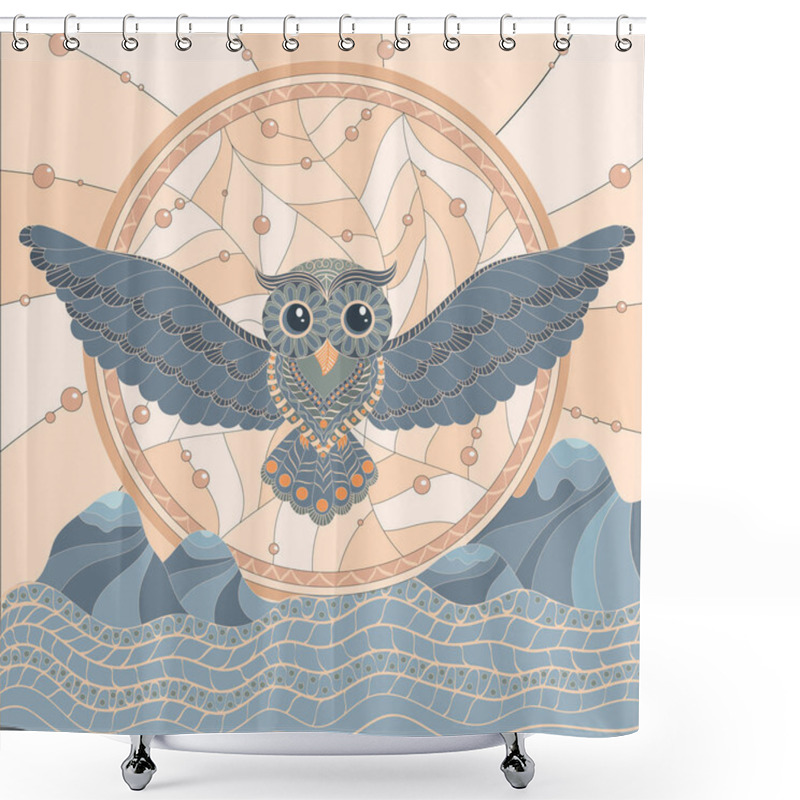 Personality  Owl On The Background Of A Dream Catcher And Mountains. Shower Curtains