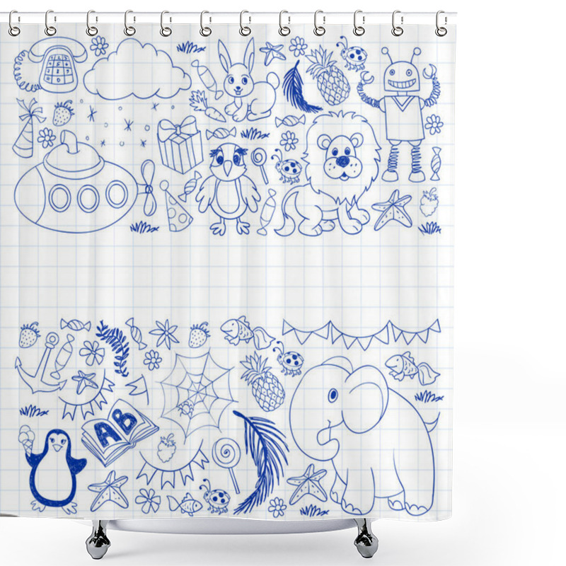 Personality  Vector Kindergarten Pattern With Animals And Toys. Illustration For Little Boys And Girls. Shower Curtains