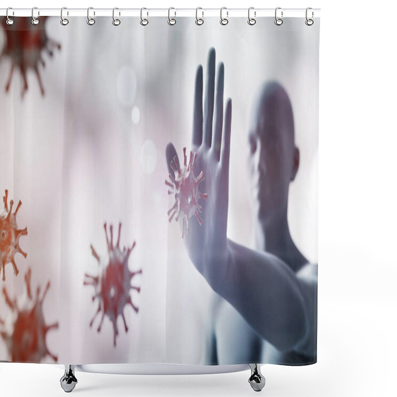 Personality  Man Stopping Coronavirus. Immune System Defends From Corona Virus COVID-19. 3D Render Shower Curtains