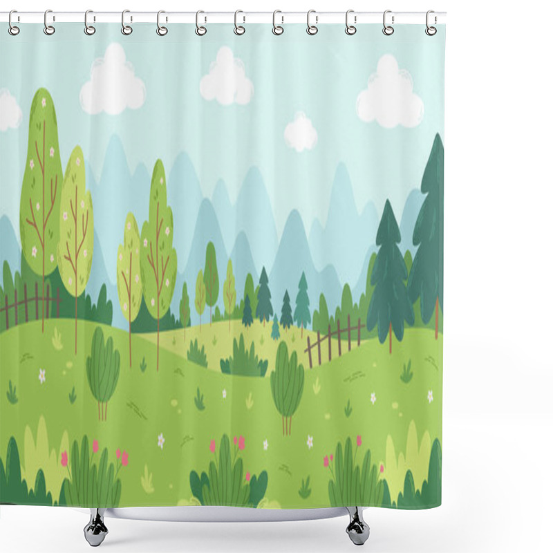 Personality  Spring Landscape With Trees, Mountains, Fields, Bushes, Flowers And Fir Trees. Vector Illustration Shower Curtains