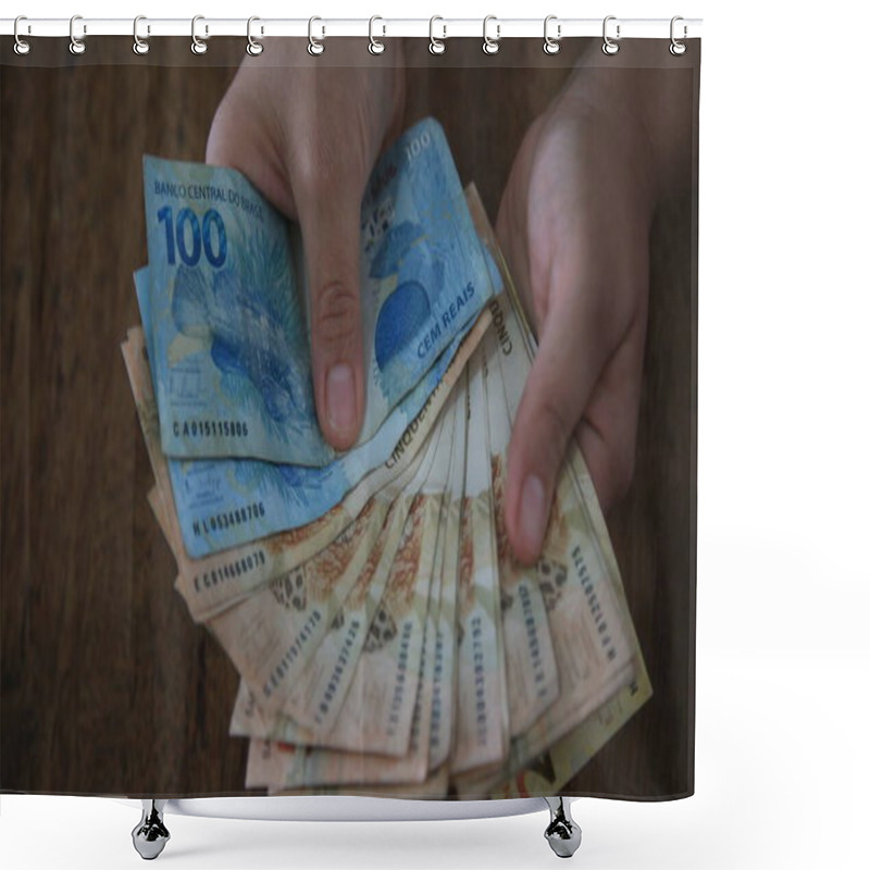 Personality  Salvador, Bahia / Brazil - March 28, 2020: Woman's Hands Hold Reais Banknotes, Currency Used In Brazil. Shower Curtains