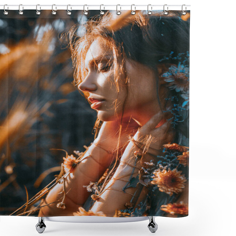 Personality  Close Up Portrait Of Young And Tender Woman On A Field At Sunset Shower Curtains