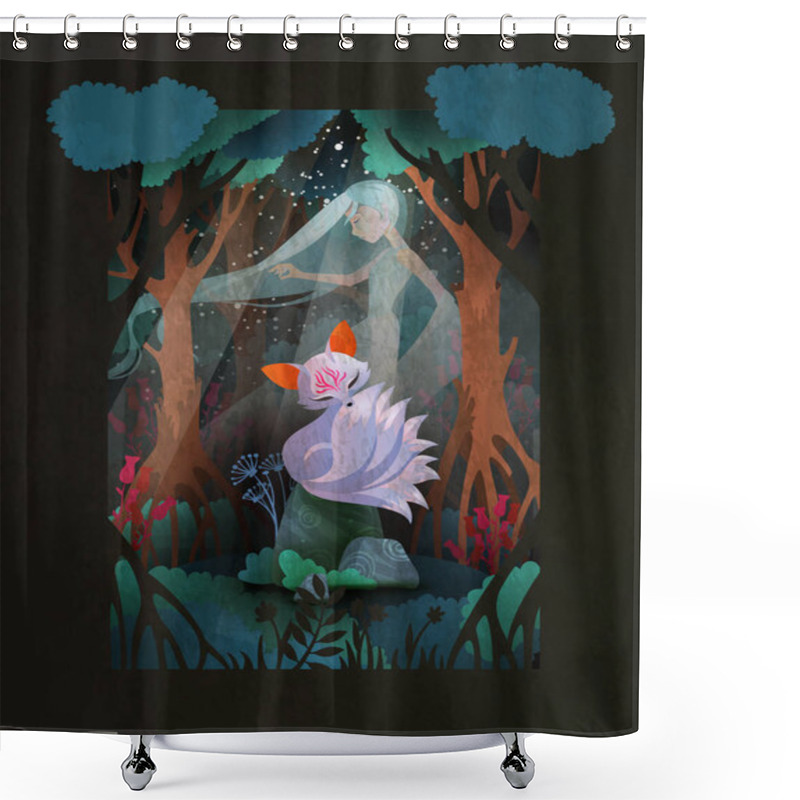 Personality  Nine-taled Fox Or Kumiho Turning Into Young Woman In Front Of The Forest, Asian Fairytale Character Illustration Shower Curtains