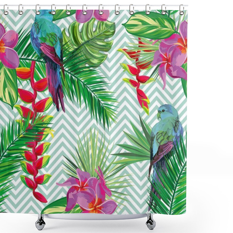 Personality  Beautiful Seamless Tropical Jungle Floral Pattern Background With Palm Leaves, Flowers And Parrots. Abstract Striped Geometric Texture Shower Curtains