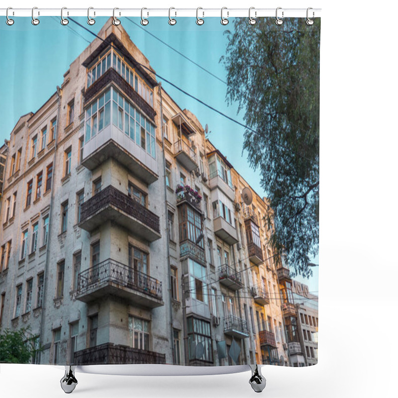 Personality  Historical Facade Of An Old Stalinist Architecture Building Build After The Second World War In Kyiv (Kiev) Old Town, Ukraine. Shower Curtains