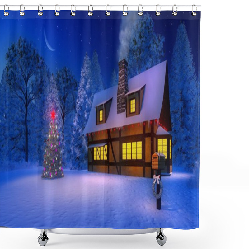 Personality  Illuminated Christmas Tree And Rustic House At Moonlight Night Shower Curtains