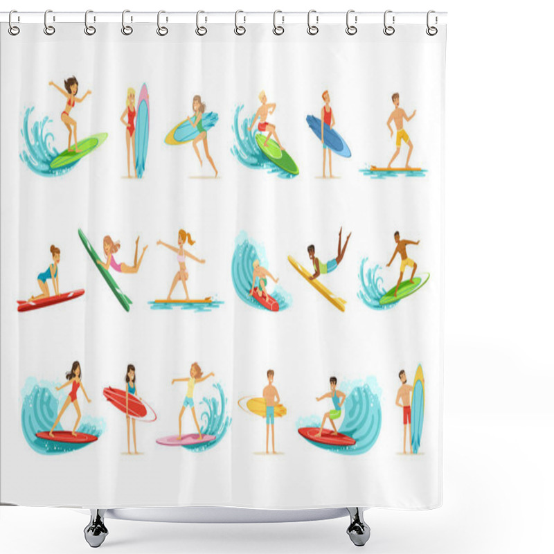 Personality  Surfboarders Riding On Waves Set, Surfer Men With Surfboards In Different Poses Vector Illustrations Shower Curtains