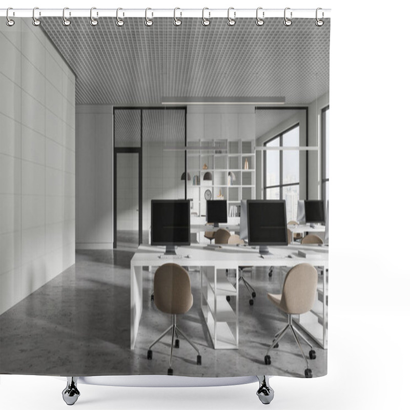 Personality  Elegant Coworking Interior With Chairs And Pc Computers In Row, Grey Concrete Floor. Stylish Office Workspace With Panoramic Window On Singapore Skyscrapers. 3D Rendering Shower Curtains