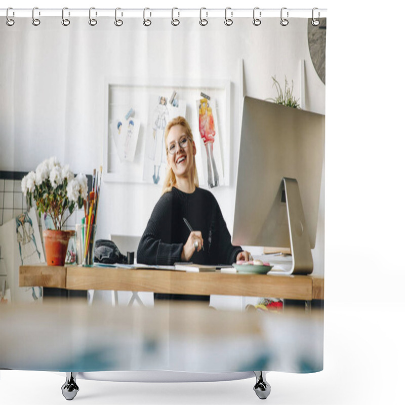 Personality  Fashion Designer Working With Devices Shower Curtains