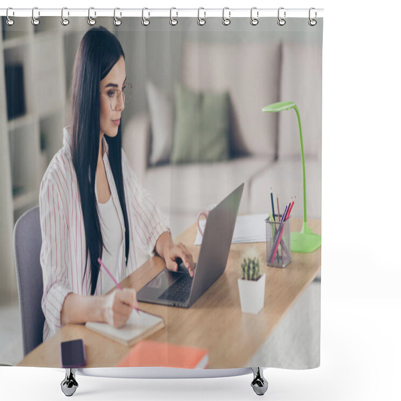 Personality  Photo Portrait Of Thoughtful Concentrated Focused Business Woman Using Computer Browsing Internet Taking Notes With Pen Shower Curtains