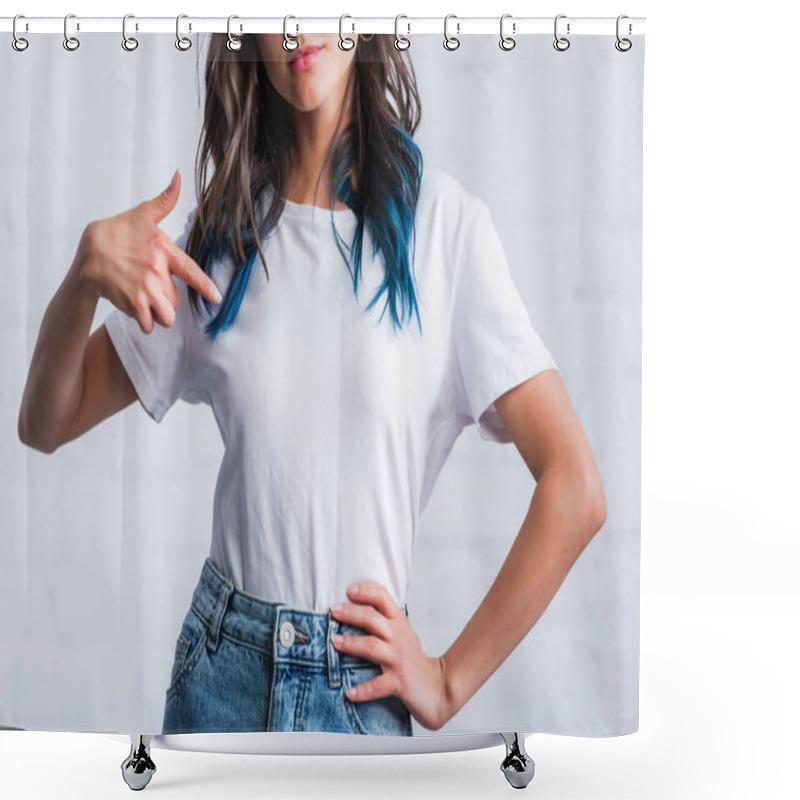 Personality  Cropped Image Of Young Woman Pointing By Finger On Empty White T-shirt  Shower Curtains