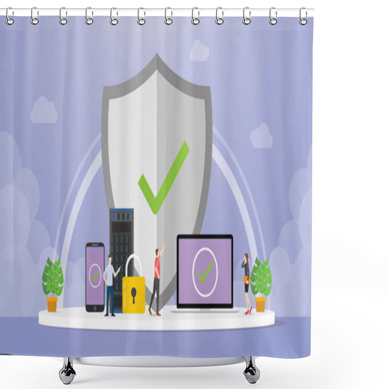 Personality  Data Protection Concept With Big Shield And Padlock With Data Server Database With Modern Flat Style - Vector Shower Curtains