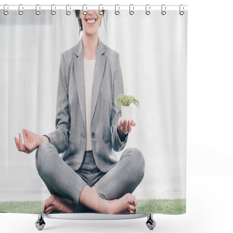 Personality  Cropped View Of Smiling Businesswoman In Suit Meditating On Grass Mat In Lotus Pose With Flowerpot  Shower Curtains