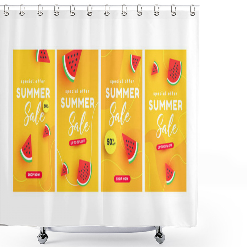 Personality  Summer Sale Banner Stories Concept With Ripe Watermelon Slices Pattern On Yellow Background With Copy Space For Social Media. Colorful Design Templates Shower Curtains