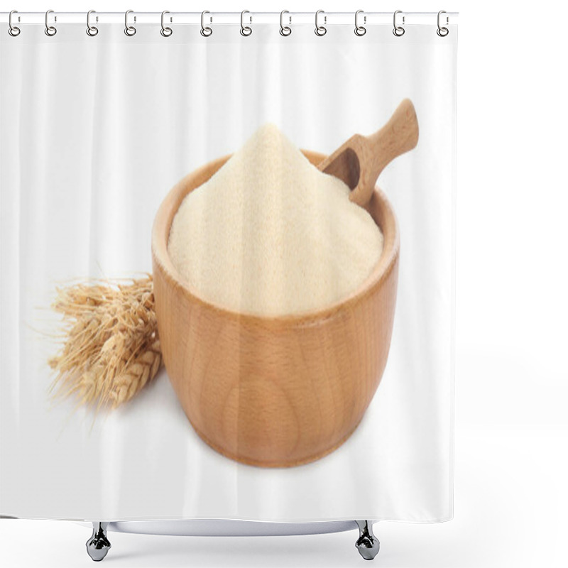 Personality  Semolina And Scoop In Wooden Bowl On White Background Shower Curtains