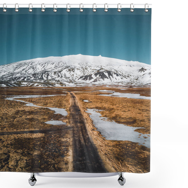 Personality  Aerial Drone Photo Of A Empty Quit Road Road Towards A Huge Volcanic Mountain Snaefellsjokull In The Distance, Near Snaefellsjokull National Park, Iceland. Shower Curtains