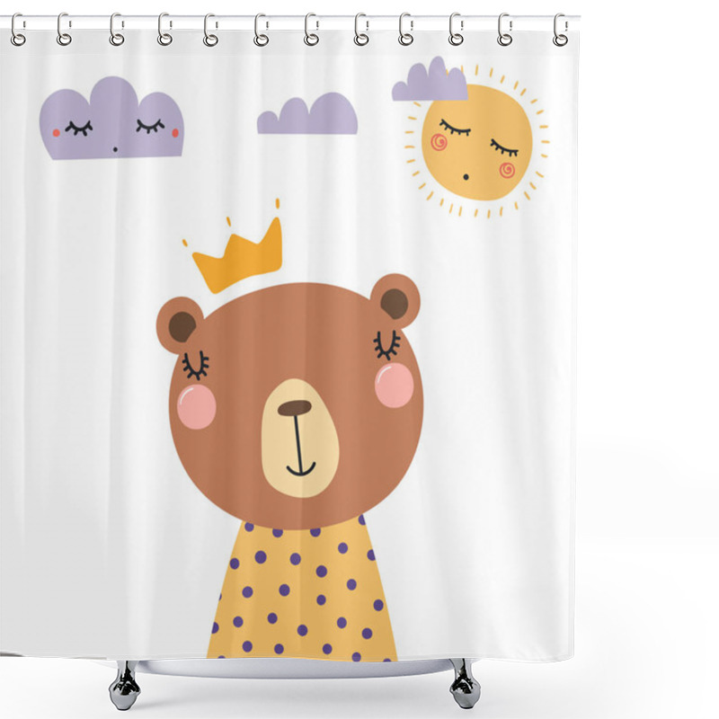 Personality  Hand Drawn Cute Funny Bear In Shirt And Crown, With Sun And Clouds Isolated On White Background Shower Curtains