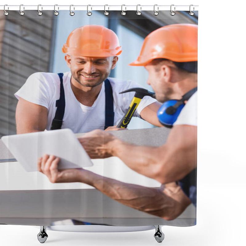 Personality  Selective Focus Of Builder Holding Hammer Near Colleague With Digital Tablet On Roof Of Building  Shower Curtains