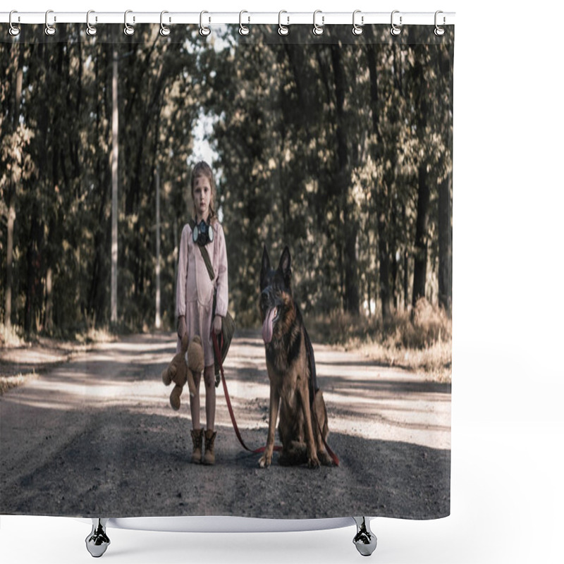 Personality  Upset Kid Standing On Road With Teddy Bear And German Shepherd Dog, Post Apocalyptic Concept Shower Curtains