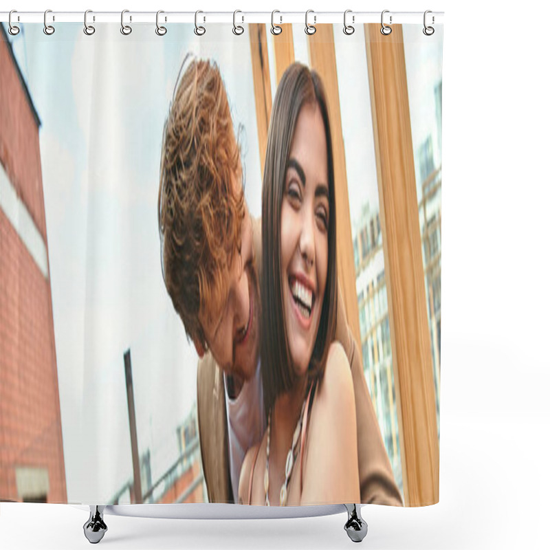 Personality  A Man Tenderly Kisses A Woman On The Cheek, Expressing Love And Affection In A Heartfelt Gesture Of Intimacy Shower Curtains