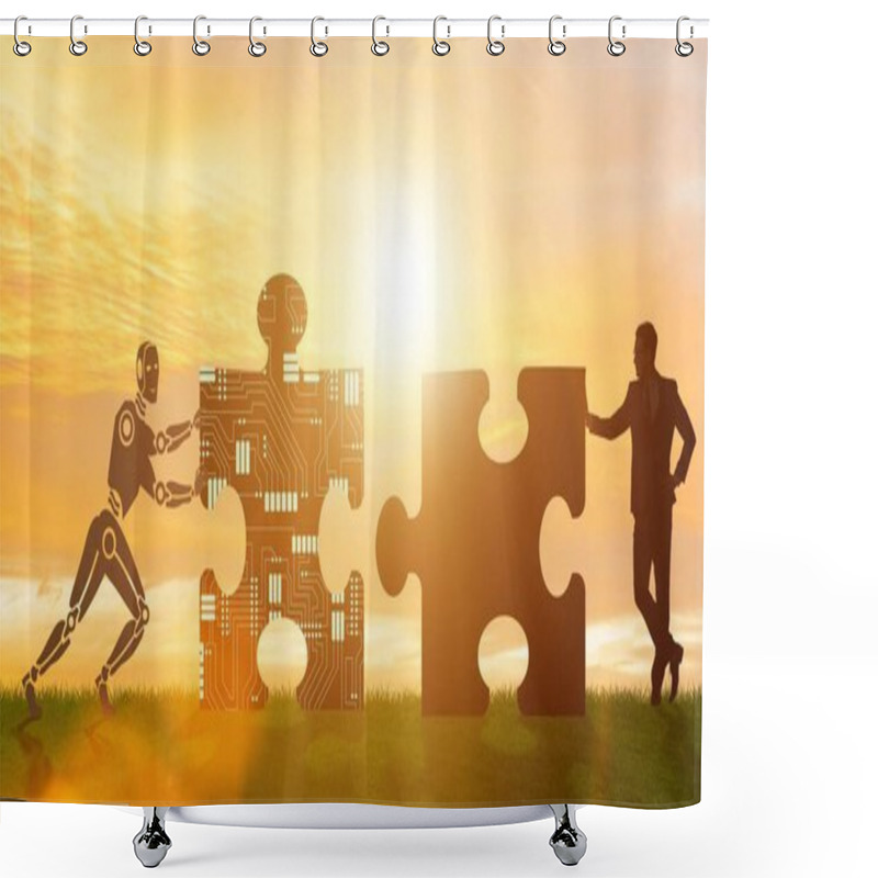 Personality  The Robot And Human Cooperating In Jigsaw Puzzle Shower Curtains