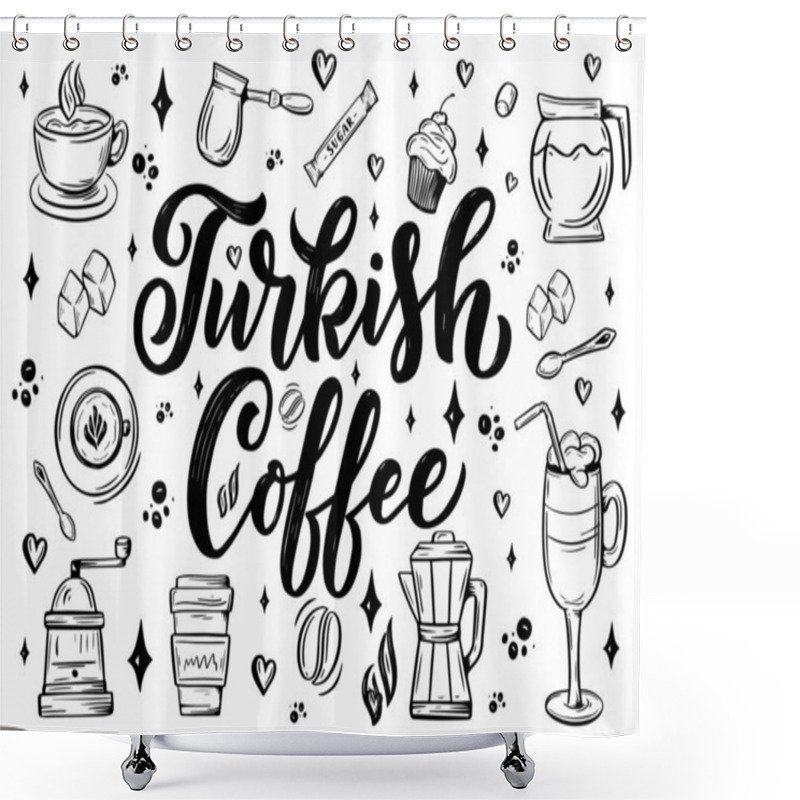 Personality  Hand Lettering Name Of Coffee With Sketch For Coffee Shop Or Cafe. Hand Drawn Vintage Typography Phrase, Isolated On White Background. Vector Shower Curtains