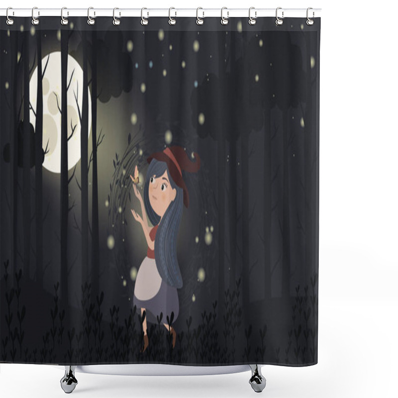 Personality  Magic Forest Illustrations With Girl And Night Forest.  Shower Curtains