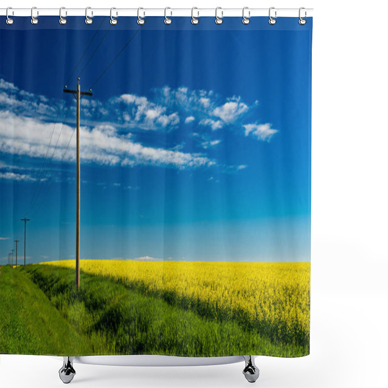 Personality  A Row Of Wooden Telephone Poles Standing Tall Along A Blooming Yellow Canola Field In Rocky View County Alberta Canada Under A Deep Blue Sky. Shower Curtains