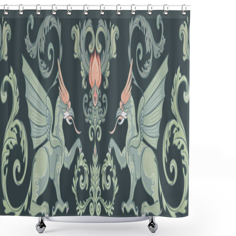 Personality  Mythological Magic Beast Griffin, Legendary Bizarre Creature. Seamless Border Pattern Design In Medieval Style. Repetition Background. Vector Illustration. Shower Curtains