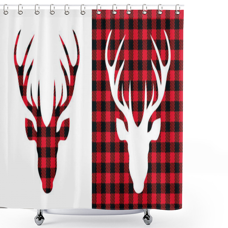 Personality  Deer Head Buffalo Plaid  Set. Vector Illustration Woodland  Animal . Lumberjack  Clipart.  Shower Curtains