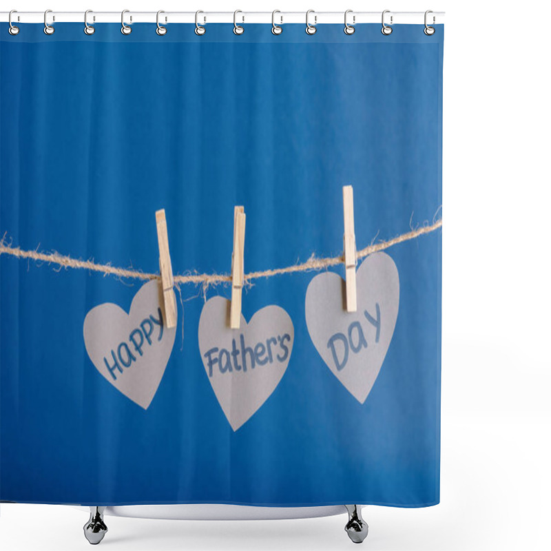 Personality  Grey Heart-shaped Greeting Cards Hanging On Rope With Clothespins Isolated On Blue Shower Curtains