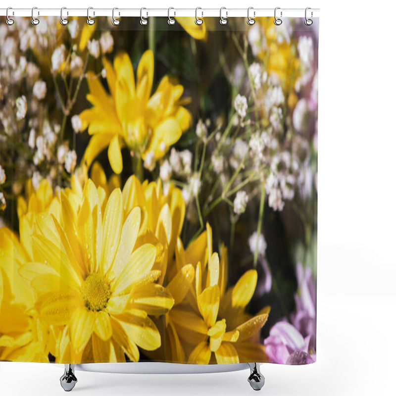 Personality  Close Up View Of Fresh Yellow Daisies With Water Drops Shower Curtains