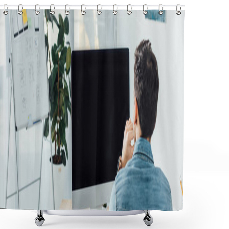 Personality  Back View Of Ux Designer Working On Computer In Office, Panoramic Shot Shower Curtains