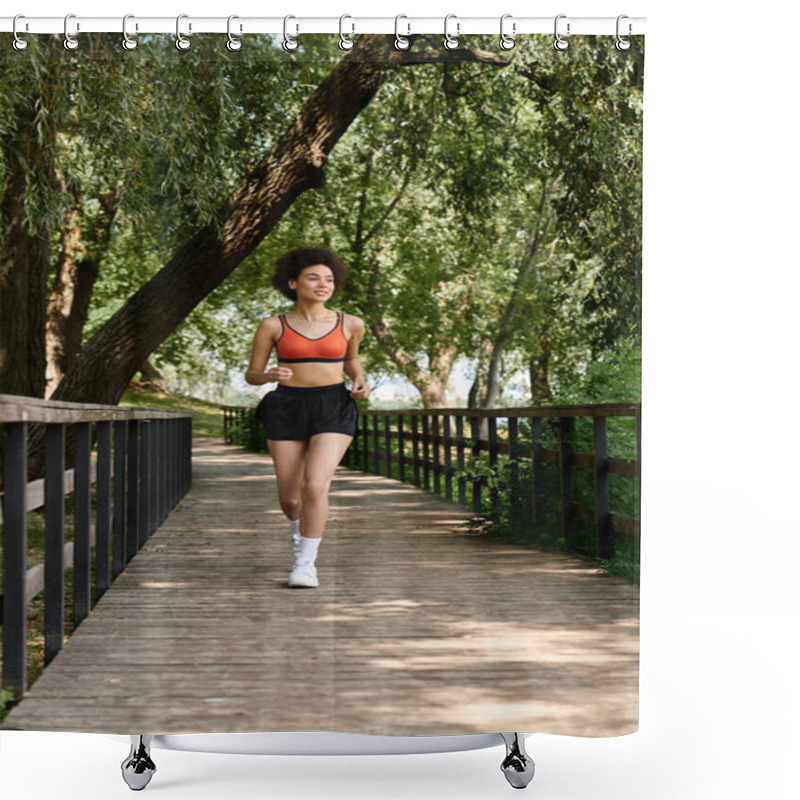 Personality  A Woman Embraces The Outdoors While Jogging On A Bridge, Surrounded By Vibrant Trees And Fresh Air. Shower Curtains