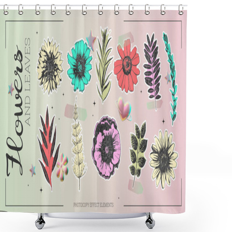 Personality  Collection Of Flowers And Leaves Retro Photocopy Effect Elements On Gradient Background. Vintage Colorful Blossom Herbarium Grainy Texture. Y2K Aesthetic Vector Floral Grunge Collage Shower Curtains