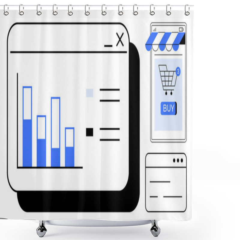 Personality  A Computer Screen And Mobile Phone Display Bar Charts And A Shopping Cart Icon. Ideal For Showing E-commerce, Online Shopping, Data Analysis, Digital Marketing, And Sales Tracking Concepts. Simple Shower Curtains