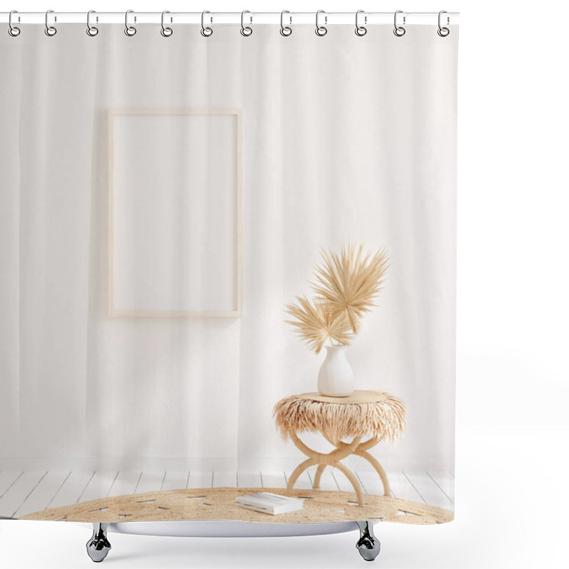 Personality  Mock Up Frame In Home Interior Background, Beige Room With Natural Wooden Furniture, 3d Render Shower Curtains