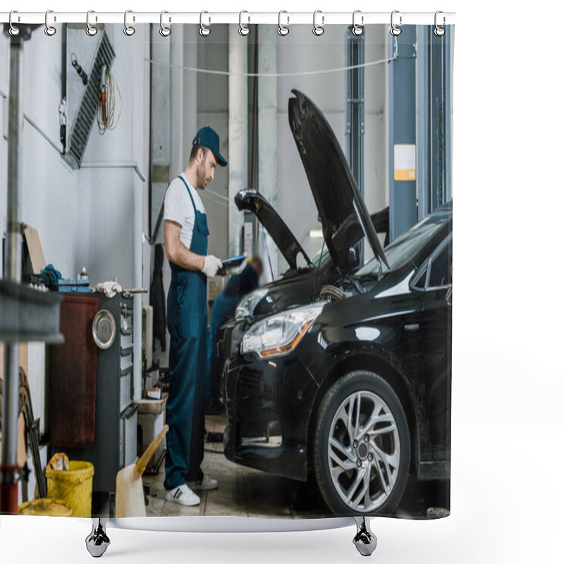 Personality  Handsome Repairman In Cap Holding Pen And Clipboard Near Car Shower Curtains