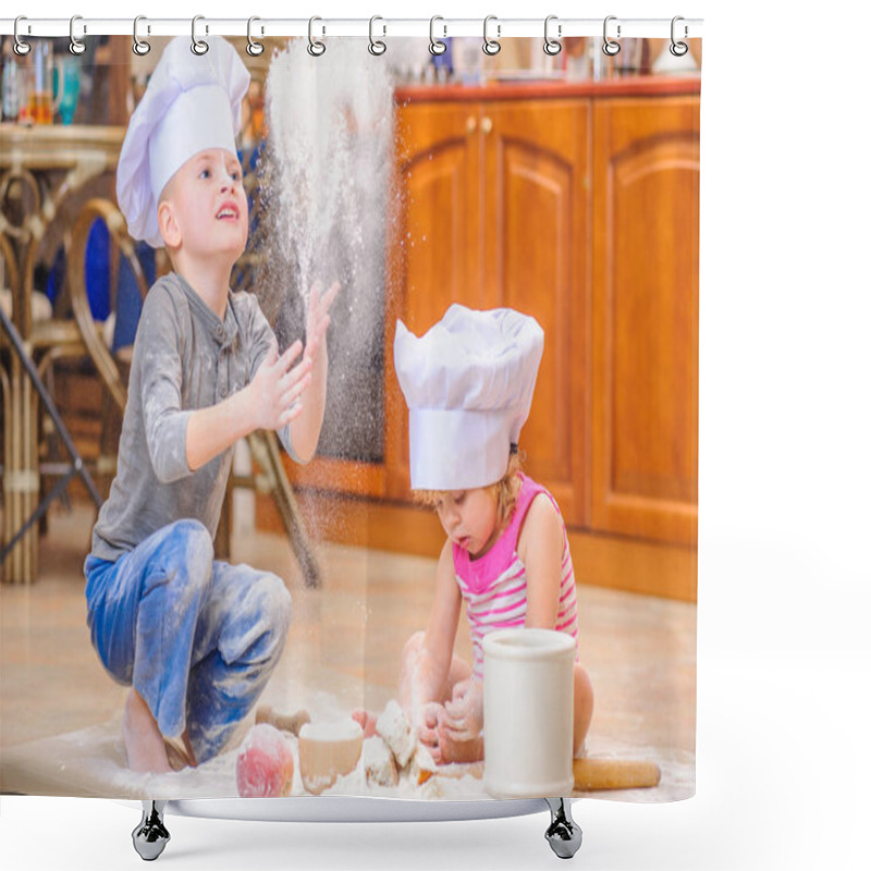 Personality  Two Siblings - Boy And Girl - In Chef's Hats Sitting On The Kitc Shower Curtains