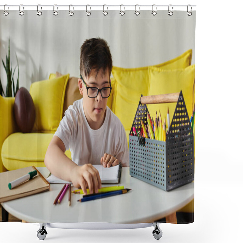 Personality  A Little Boy With Down Syndrome Sits At A Table, Engrossed In Writing In His Notebook With Colored Pencils. Shower Curtains