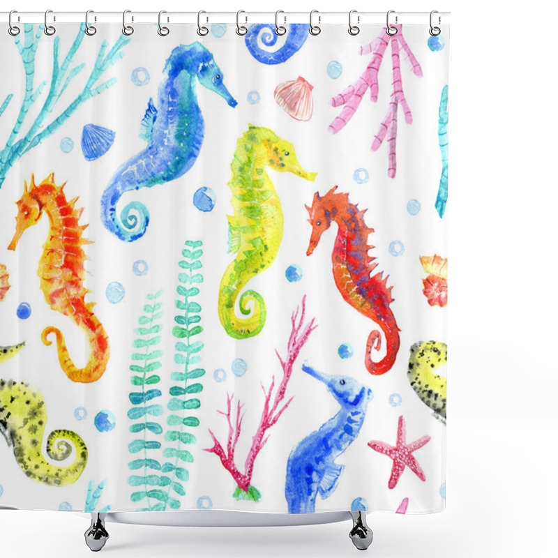 Personality  Seahorse, Shell, Starfish, Seaweed, Coral And Bubbles Seamless Pattern. Shower Curtains