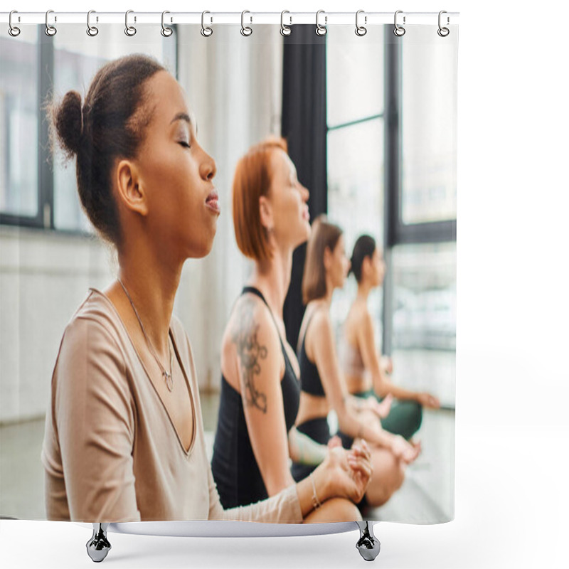 Personality  Young African American Woman Meditating With Closed Eyes Near Multiethnic Friends Relaxing In Easy Pose During Yoga Class, Harmony And Wellness Concept Shower Curtains