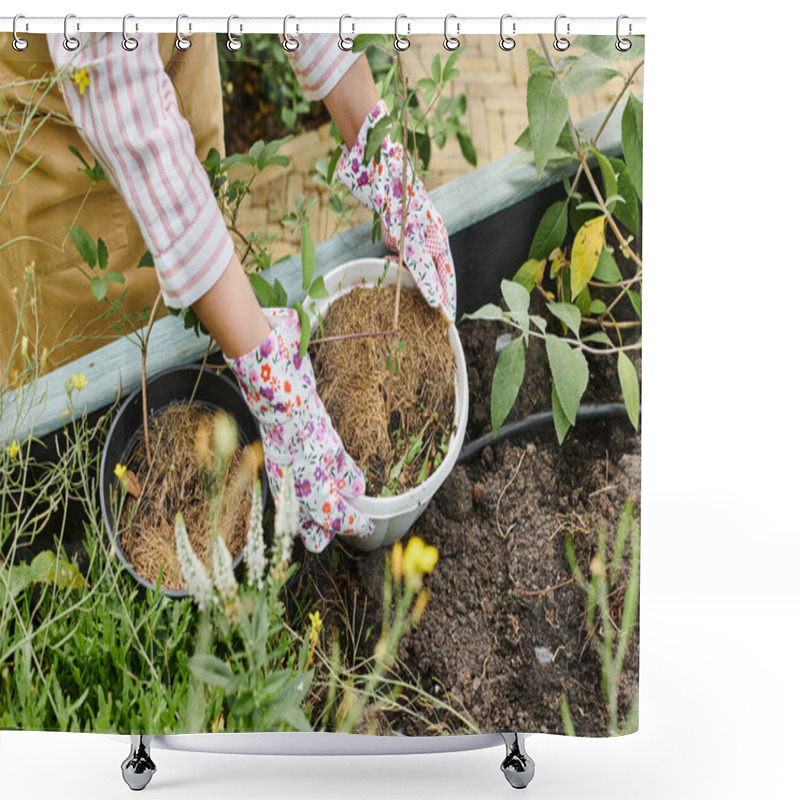 Personality  Cropped View Of Mature Woman With Gloves Taking Care Of Her Growing Vegetables In Her Garden Shower Curtains