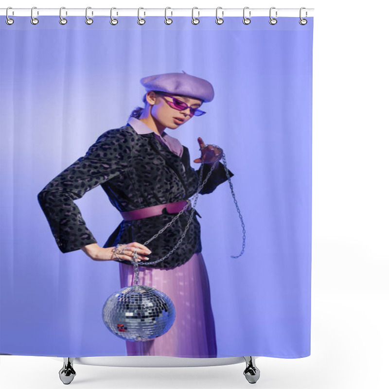 Personality  Stylish Woman In Beret, Sunglasses And Blazer With Animal Print Holding Disco Ball On Chain On Violet Shower Curtains