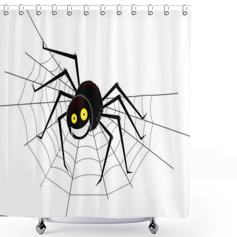 Personality  A Large Charming Spider Wove A Cobweb In The Corner And Now Sits On It Smiling, On An Isolated Background. Shower Curtains