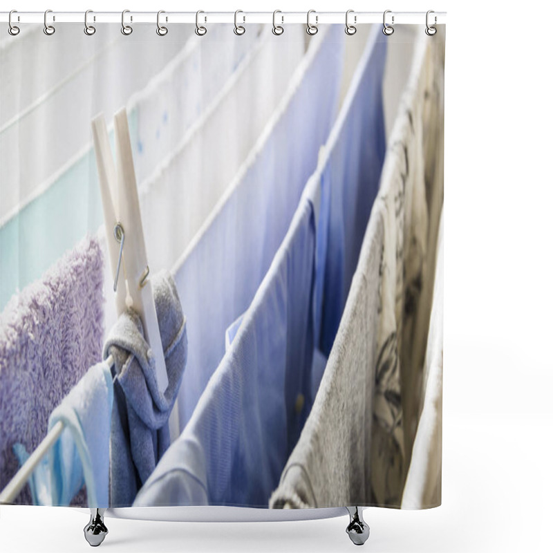 Personality  Close Up Of A White Plastic Clothespin On A Clotheshorse With Laundry Drying Shower Curtains