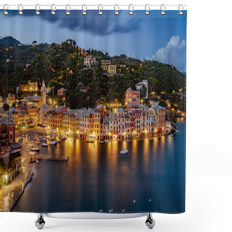 Personality  View Of The Old Town Of Portofino, Illuminated At Dusk, World Famous Ancient Maritime Village In The Italian Riviera Shower Curtains